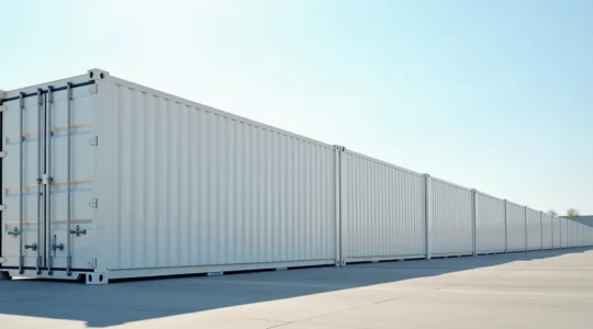 Photo réaliste d'un conteneur frigorifique blanc moderne utilisé dans la logistique de stockage, placé en extérieur sur un sol propre avec un fond net et un espace négatif, éclairage cinématographique subtil, textures détaillées sans texte ni logo apparent