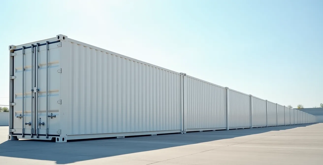 Photo réaliste d'un conteneur frigorifique blanc moderne utilisé dans la logistique de stockage, placé en extérieur sur un sol propre avec un fond net et un espace négatif, éclairage cinématographique subtil, textures détaillées sans texte ni logo apparent