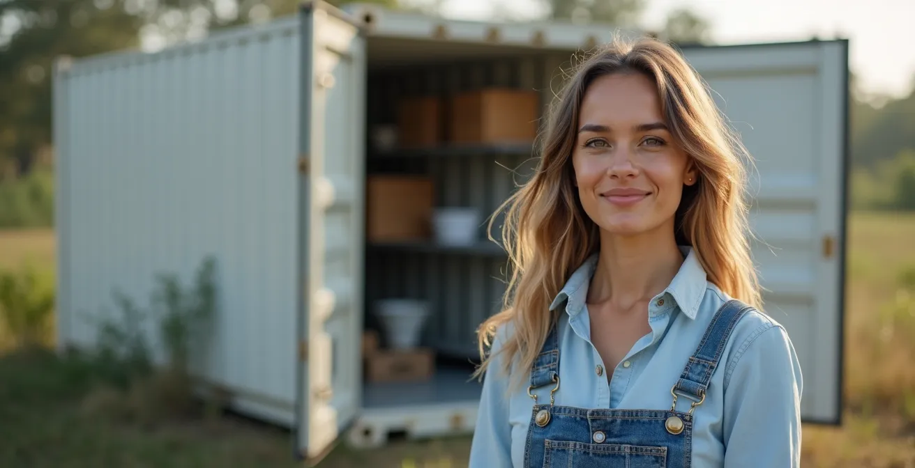 Photographie d'une jeune entrepreneuse agroalimentaire devant un conteneur frigorifique moderne, cadrage moyen, lumière douce naturelle