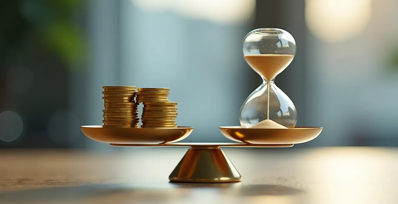 Balance équilibrée avec pièces dorées et sablier sur bureau moderne