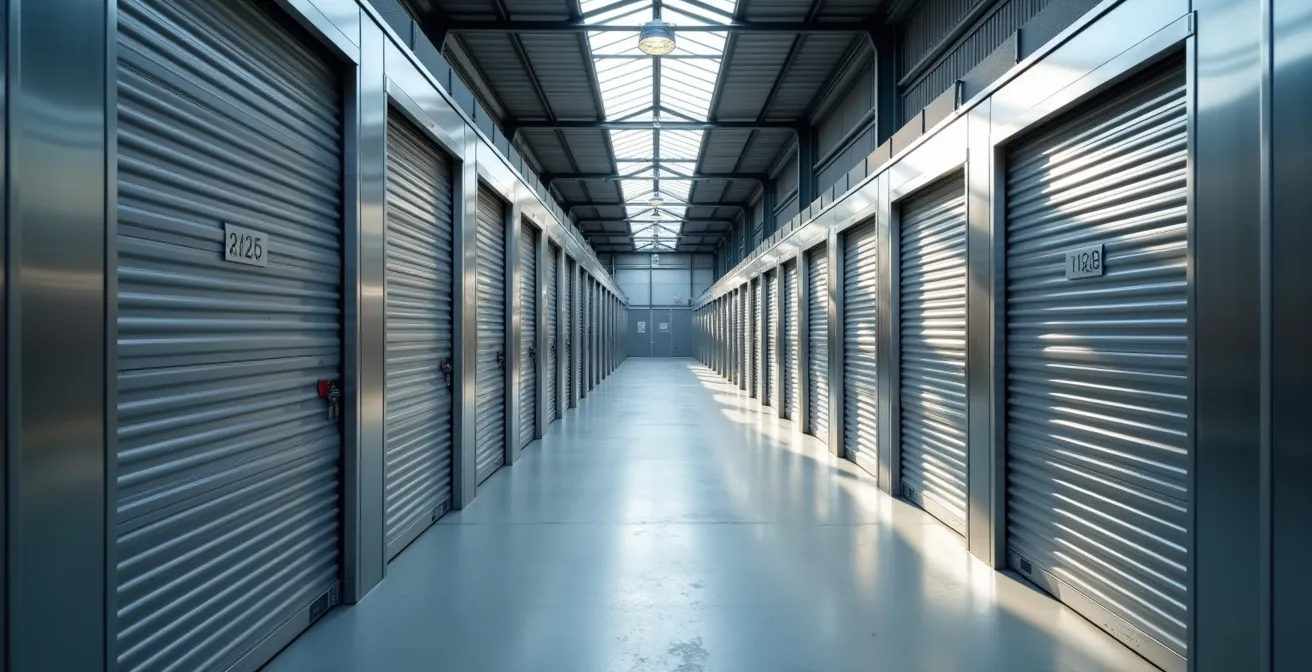 Vue grand angle d'un entrepôt moderne avec rangées de boxes métalliques