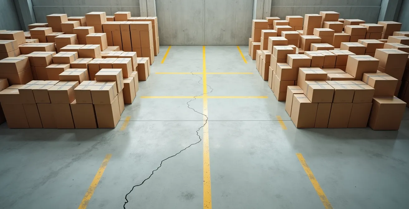 Vue aérienne minimaliste d'un espace de stockage organisé avec zones vides progressives