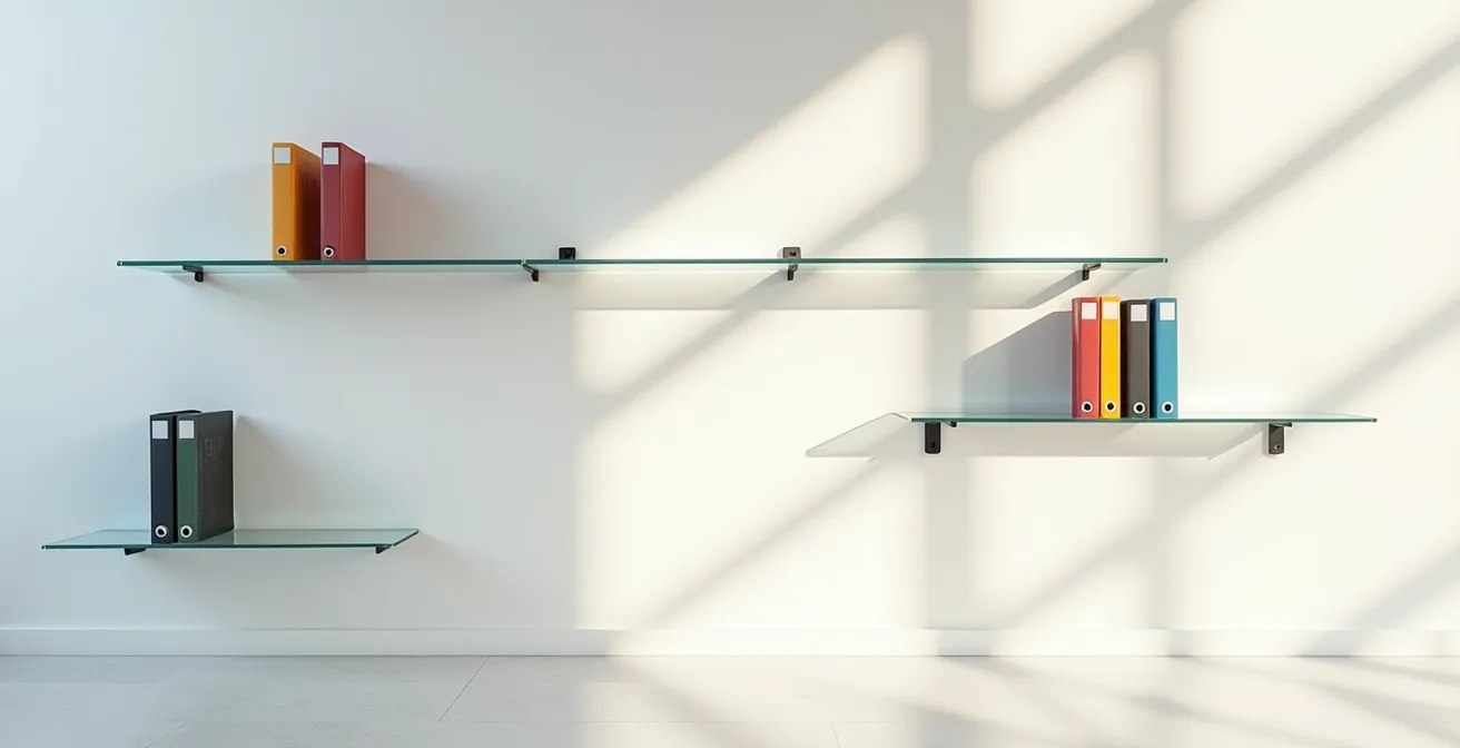 Vue architecturale d'un espace épuré avec structures géométriques symbolisant l'organisation documentaire