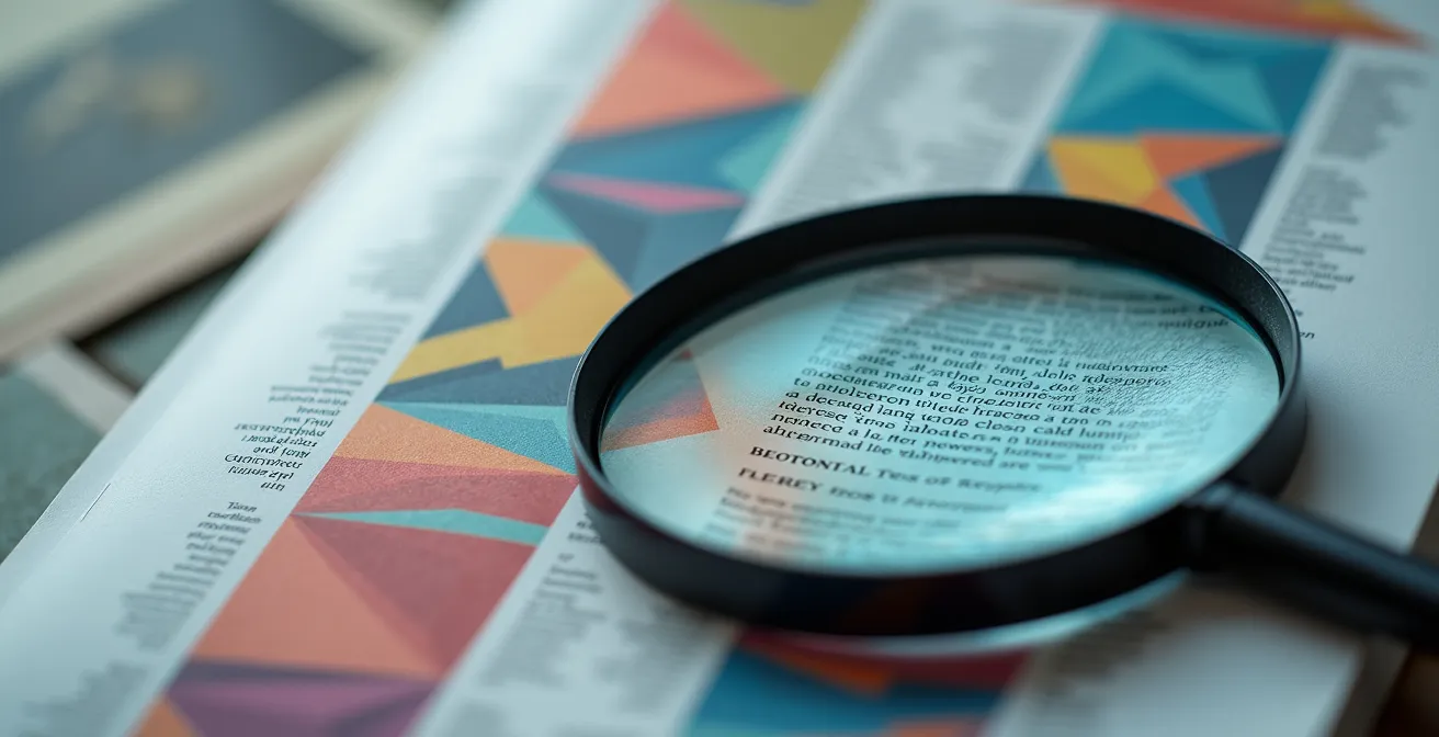 Loupe examinant un document avec des motifs abstraits colorés symbolisant l'analyse douanière