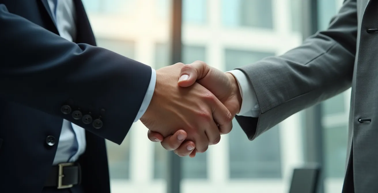 Poignée de main professionnelle en gros plan symbolisant la confiance et le partenariat commercial