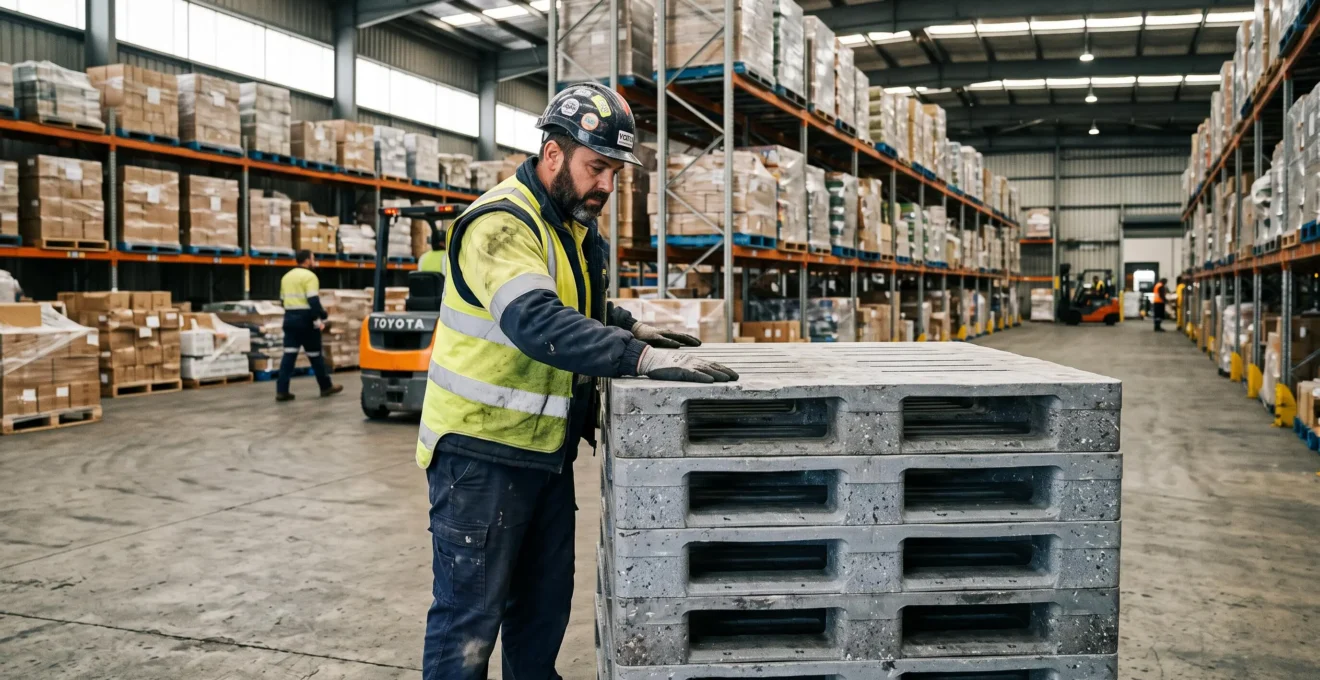 Un magasinier inspecte une pile de palettes en plastique recyclé dans un entrepôt logistique.