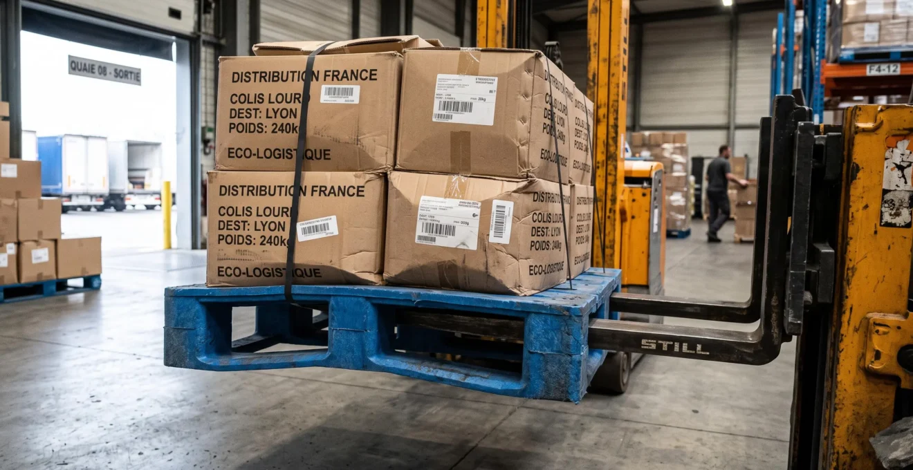 Les fourches d'un chariot élèvent une palette plastique recyclé chargée de cartons lourds.