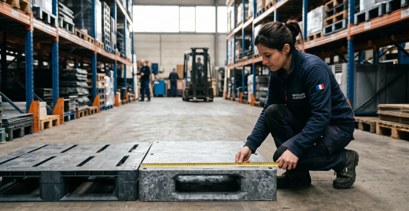 Un technicien mesure une palette plastique recyclé posée au sol dans un entrepôt.